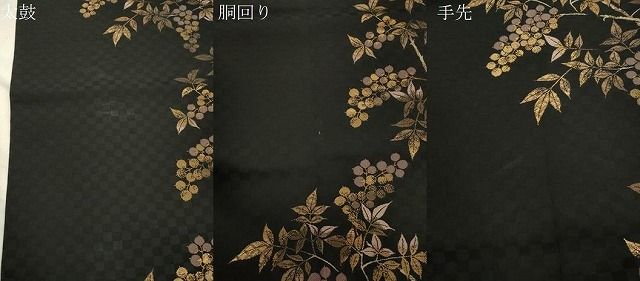 平和屋着物●全通柄袋帯　南天文　黒地　金糸　正絹　逸品　CABN3944dy