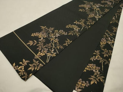 平和屋着物●全通柄袋帯　南天文　黒地　金糸　正絹　逸品　CABN3944dy