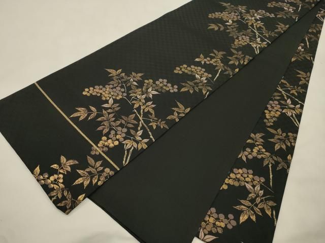 平和屋着物●全通柄袋帯　南天文　黒地　金糸　正絹　逸品　CABN3944dy