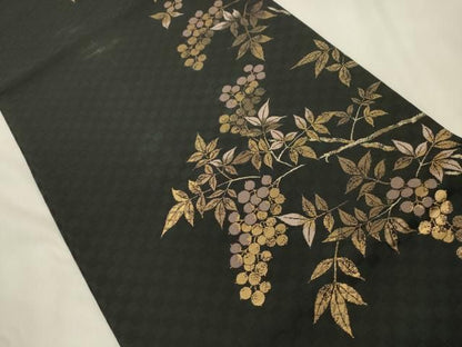 平和屋着物●全通柄袋帯　南天文　黒地　金糸　正絹　逸品　CABN3944dy