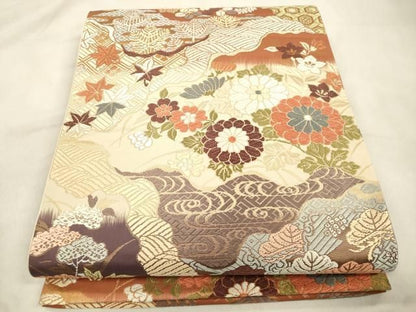 平和屋着物●六通柄袋帯　唐織　能衣幽玄錦　流水草花文　金糸　正絹　逸品　未使用　CABN3946dy