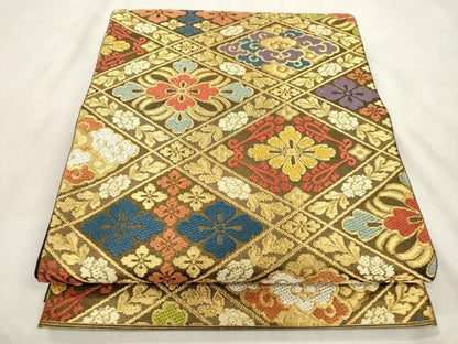 平和屋着物●西陣　川島織物　六通柄　本袋帯　菱花文　金糸　正絹　逸品　CABN3955dy