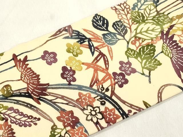 平和屋着物●全通柄九寸名古屋帯　紬地　型染め　草花文　正絹　逸品　CABN3997dy