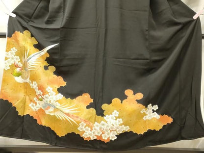 平和屋着物■豪華黒留袖　駒刺繍　尾長鳥花文　暈し染め　金彩　正絹　逸品　CABN4554oy