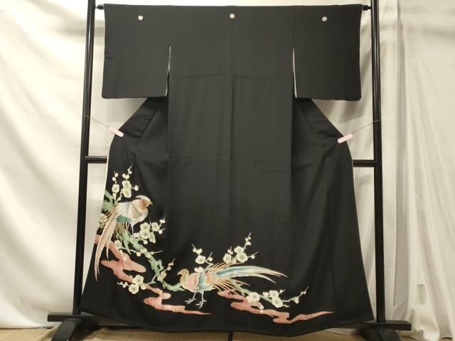 平和屋着物■豪華黒留袖　刺繍　尾長鳥枝梅文　金彩　正絹　逸品　CABN4579oy