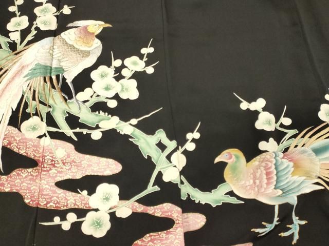 平和屋着物■豪華黒留袖　刺繍　尾長鳥枝梅文　金彩　正絹　逸品　CABN4579oy