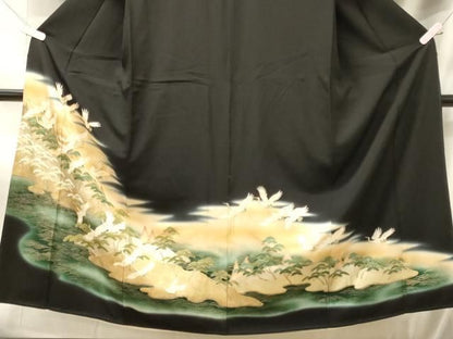 平和屋着物■豪華黒留袖　駒刺繍　飛鶴松文　暈し染め　金彩　正絹　逸品　CABN4613oy