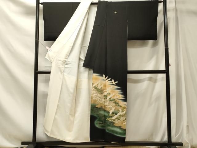 平和屋着物■豪華黒留袖　駒刺繍　飛鶴松文　暈し染め　金彩　正絹　逸品　CABN4613oy
