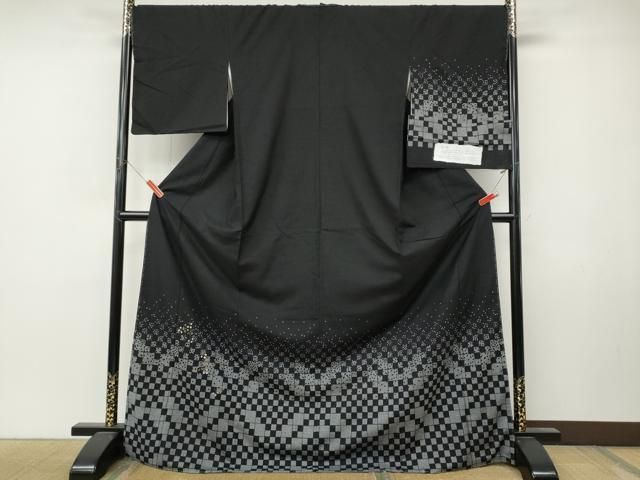 平和屋着物●訪問着　生紬　市松舞葉文　黒地　金彩　ロング丈　反端付き　正絹　逸品　未使用　CABN4842ut