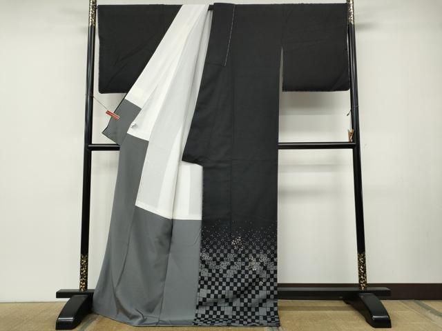 平和屋着物●訪問着　生紬　市松舞葉文　黒地　金彩　ロング丈　反端付き　正絹　逸品　未使用　CABN4842ut