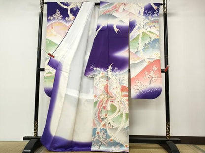 平和屋着物●十日町老舗ブランド　吉澤友禅　吾妻徳穂　振袖　駒刺繍　鳳凰草花文　暈し染め　金彩　正絹　逸品　CABN4910ut