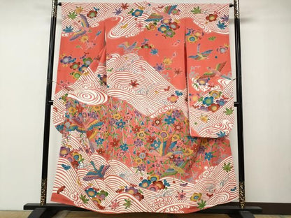 平和屋着物●豪華振袖　型染め　飛鳥立波花文　正絹　逸品　CABN4912ut
