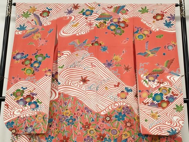 平和屋着物●豪華振袖　型染め　飛鳥立波花文　正絹　逸品　CABN4912ut