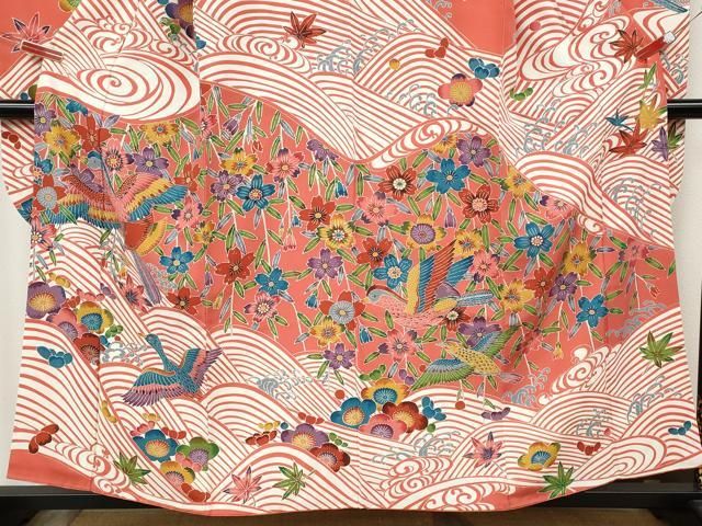 平和屋着物●豪華振袖　型染め　飛鳥立波花文　正絹　逸品　CABN4912ut