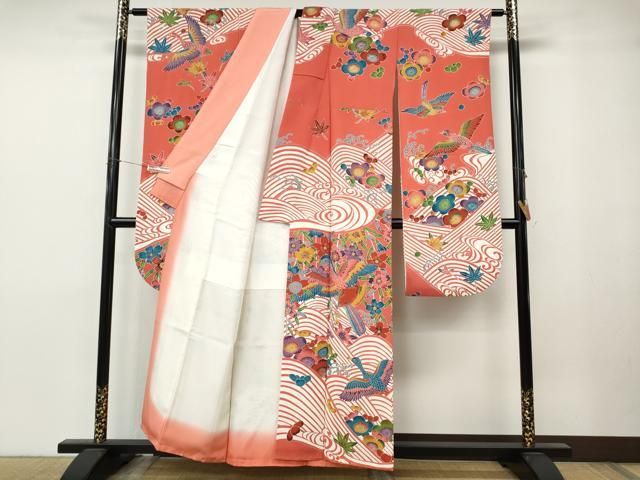平和屋着物●豪華振袖　型染め　飛鳥立波花文　正絹　逸品　CABN4912ut
