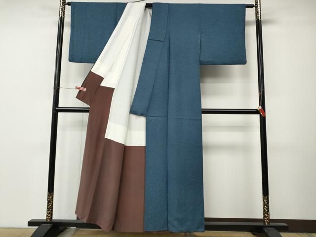 平和屋着物●上質な色無地　扇面地紋　青藍色　正絹　逸品　CABN4922ut