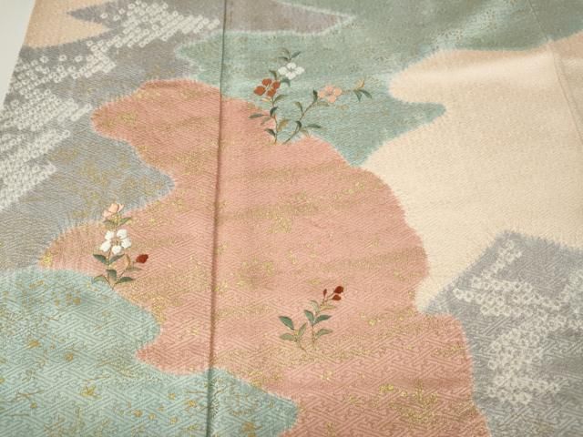 平和屋着物●訪問着　絞り　刺繍　エ霞草花文　金彩　正絹　逸品　CABN4936ut