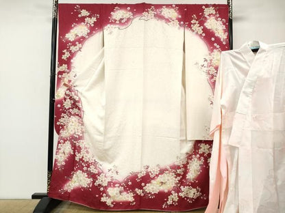 平和屋着物●豪華振袖・長襦袢セット　駒刺繍　枝桜文　暈し染め　銀通し地　鈴乃屋扱い　正絹　逸品　CABN4954ut