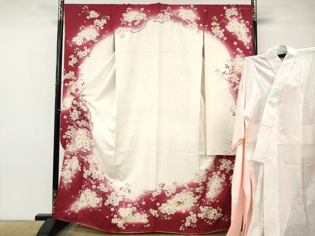 平和屋着物●豪華振袖・長襦袢セット　駒刺繍　枝桜文　暈し染め　銀通し地　鈴乃屋扱い　正絹　逸品　CABN4954ut