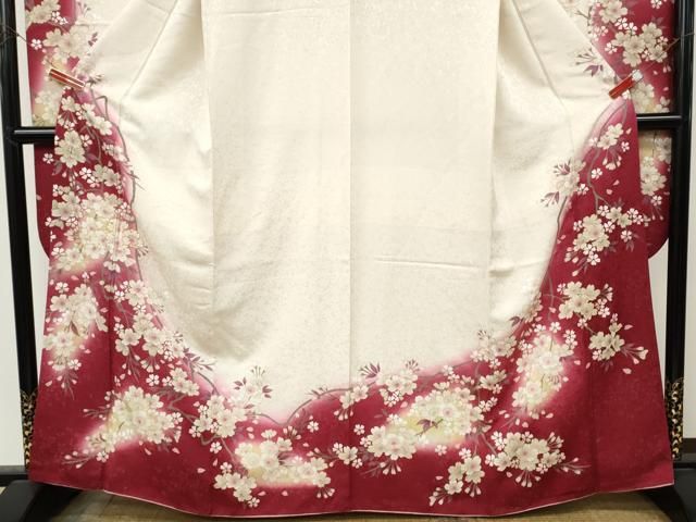 平和屋着物●豪華振袖・長襦袢セット　駒刺繍　枝桜文　暈し染め　銀通し地　鈴乃屋扱い　正絹　逸品　CABN4954ut