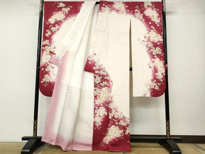 平和屋着物●豪華振袖・長襦袢セット　駒刺繍　枝桜文　暈し染め　銀通し地　鈴乃屋扱い　正絹　逸品　CABN4954ut