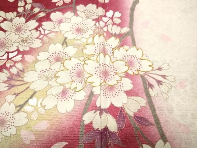 平和屋着物●豪華振袖・長襦袢セット　駒刺繍　枝桜文　暈し染め　銀通し地　鈴乃屋扱い　正絹　逸品　CABN4954ut