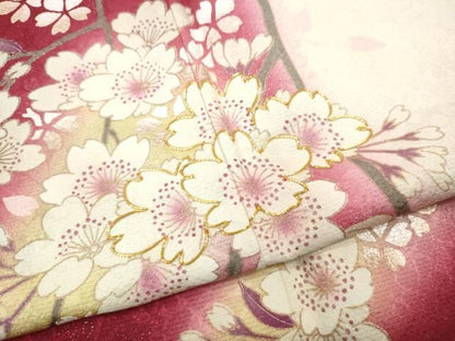 平和屋着物●豪華振袖・長襦袢セット　駒刺繍　枝桜文　暈し染め　銀通し地　鈴乃屋扱い　正絹　逸品　CABN4954ut