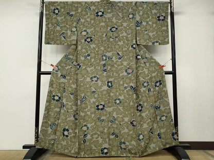 平和屋着物●上質な小紋　型染め　枝椿文　鬼しぼ縮緬　正絹　逸品　CABN4997ut