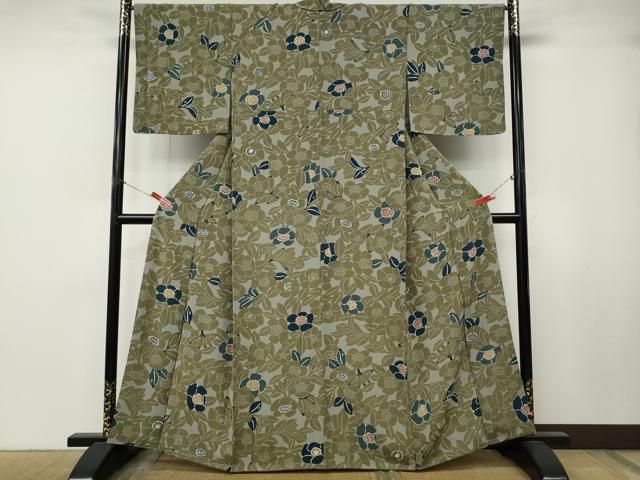 平和屋着物●上質な小紋　型染め　枝椿文　鬼しぼ縮緬　正絹　逸品　CABN4997ut