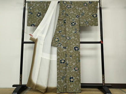 平和屋着物●上質な小紋　型染め　枝椿文　鬼しぼ縮緬　正絹　逸品　CABN4997ut