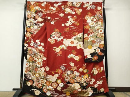 平和屋着物●豪華振袖　駒刺繍　雲重ね鼓花文　金彩　正絹　逸品　CABN5008ut