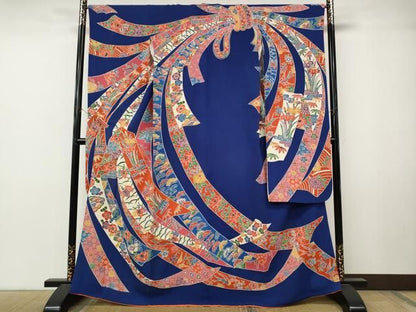 平和屋着物●豪華振袖　型染め　束ね熨斗花文　鬼しぼ縮緬　正絹　逸品　CABN5009ut