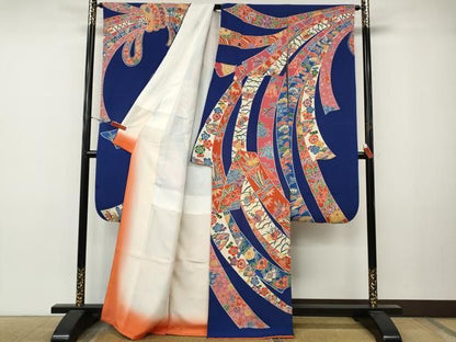 平和屋着物●豪華振袖　型染め　束ね熨斗花文　鬼しぼ縮緬　正絹　逸品　CABN5009ut