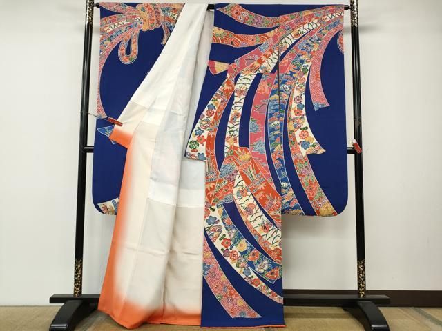 平和屋着物●豪華振袖　型染め　束ね熨斗花文　鬼しぼ縮緬　正絹　逸品　CABN5009ut