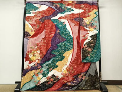 平和屋着物●十日町 名門青柳謹製　振袖　駒刺繍　絞り　文箱花文　正絹　逸品　CABN5010ut