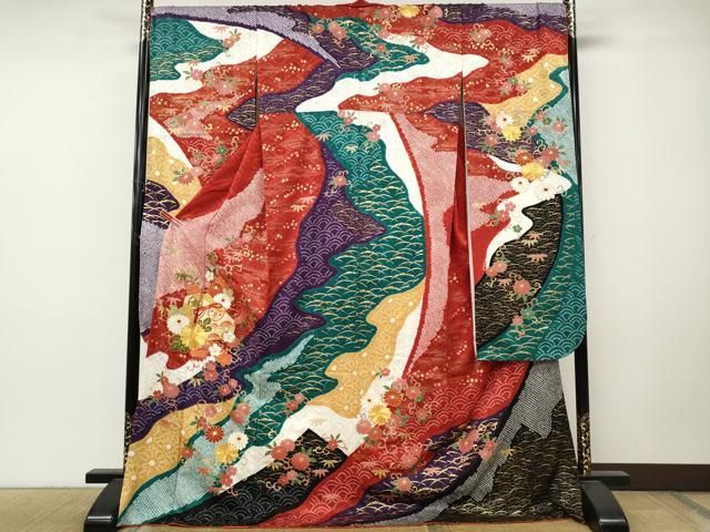 平和屋着物●十日町 名門青柳謹製　振袖　駒刺繍　絞り　文箱花文　正絹　逸品　CABN5010ut