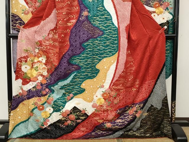 平和屋着物●十日町 名門青柳謹製　振袖　駒刺繍　絞り　文箱花文　正絹　逸品　CABN5010ut