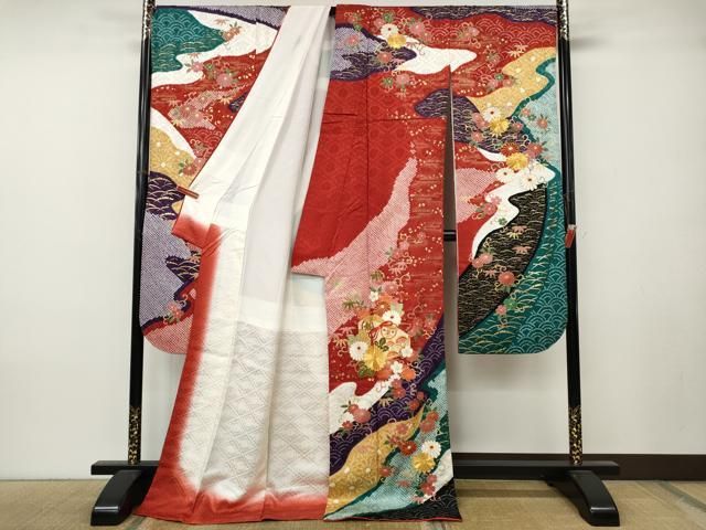 平和屋着物●十日町 名門青柳謹製　振袖　駒刺繍　絞り　文箱花文　正絹　逸品　CABN5010ut