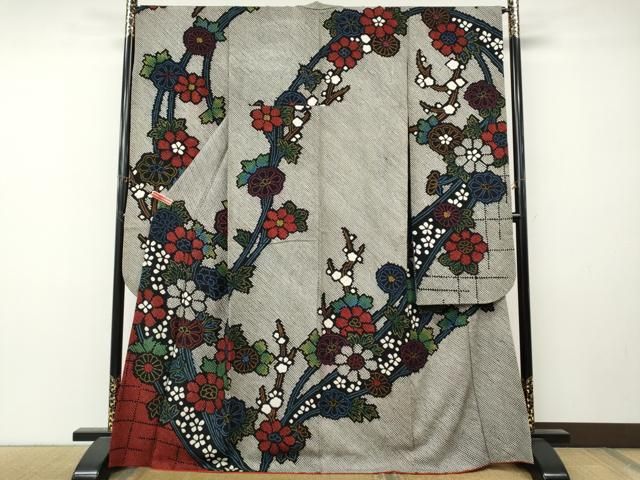 平和屋着物●豪華振袖　総絞り　枝花文　黒地　正絹　逸品　CABN5011ut