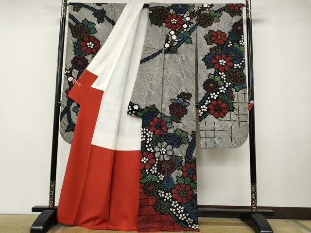 平和屋着物●豪華振袖　総絞り　枝花文　黒地　正絹　逸品　CABN5011ut
