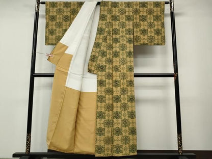 平和屋着物●上質な小紋　型染め　格子吉祥花文　正絹　逸品　CABN5018ut