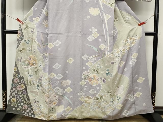平和屋着物●訪問着　駒刺繍　絞り　雪輪草花文　銀通し地　正絹　逸品　CABN5019ut