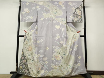 平和屋着物●訪問着　駒刺繍　絞り　雪輪草花文　銀通し地　正絹　逸品　CABN5019ut