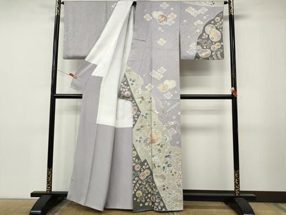 平和屋着物●訪問着　駒刺繍　絞り　雪輪草花文　銀通し地　正絹　逸品　CABN5019ut