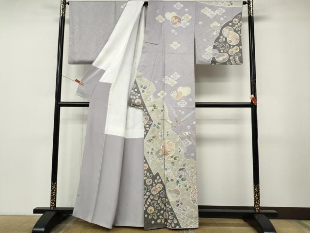 平和屋着物●訪問着　駒刺繍　絞り　雪輪草花文　銀通し地　正絹　逸品　CABN5019ut