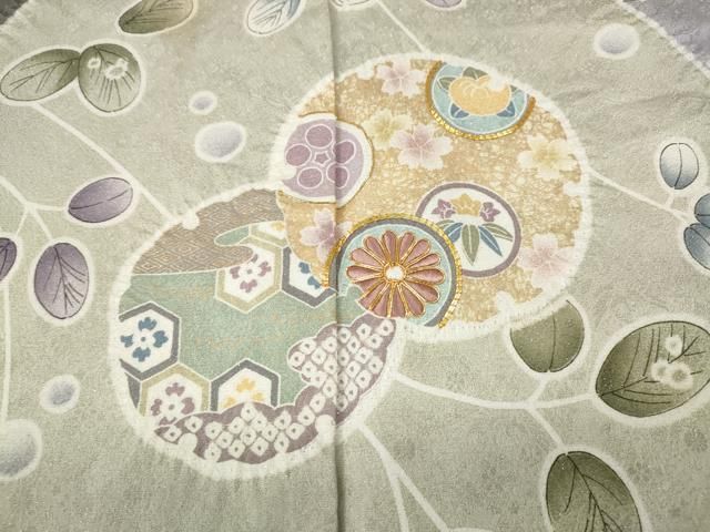 平和屋着物●訪問着　駒刺繍　絞り　雪輪草花文　銀通し地　正絹　逸品　CABN5019ut