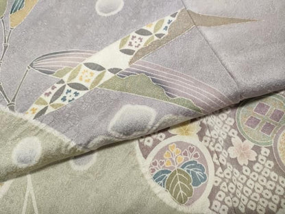 平和屋着物●訪問着　駒刺繍　絞り　雪輪草花文　銀通し地　正絹　逸品　CABN5019ut