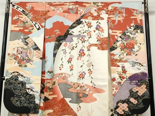 平和屋着物●豪華振袖　駒刺繍　花車文　金銀彩　正絹　逸品　CABN5043ut