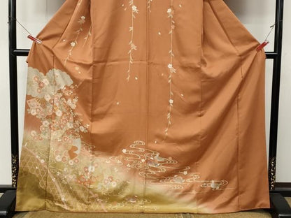 平和屋着物●訪問着　駒刺繍　鴛鴦扇面花文　暈し染め　金彩　ロング丈　正絹　逸品　CABN5087ut