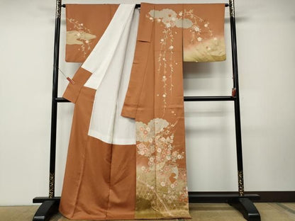 平和屋着物●訪問着　駒刺繍　鴛鴦扇面花文　暈し染め　金彩　ロング丈　正絹　逸品　CABN5087ut
